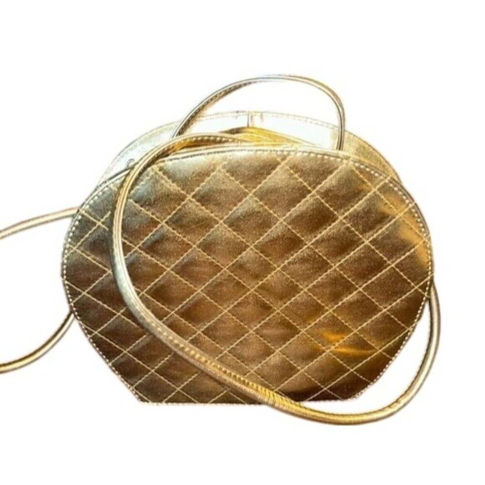 Vintage Apri Quilted Gold Hard Shell Purse With Crossbody Strap Inner Zipper Poc